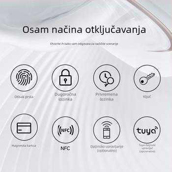 Pametna brava za unutarnja drvena vrata s otiskom prsta, dlanom, lozinkom, prepoznavanjem lica i daljinskim otključavanjem; panel od aluminijske legure