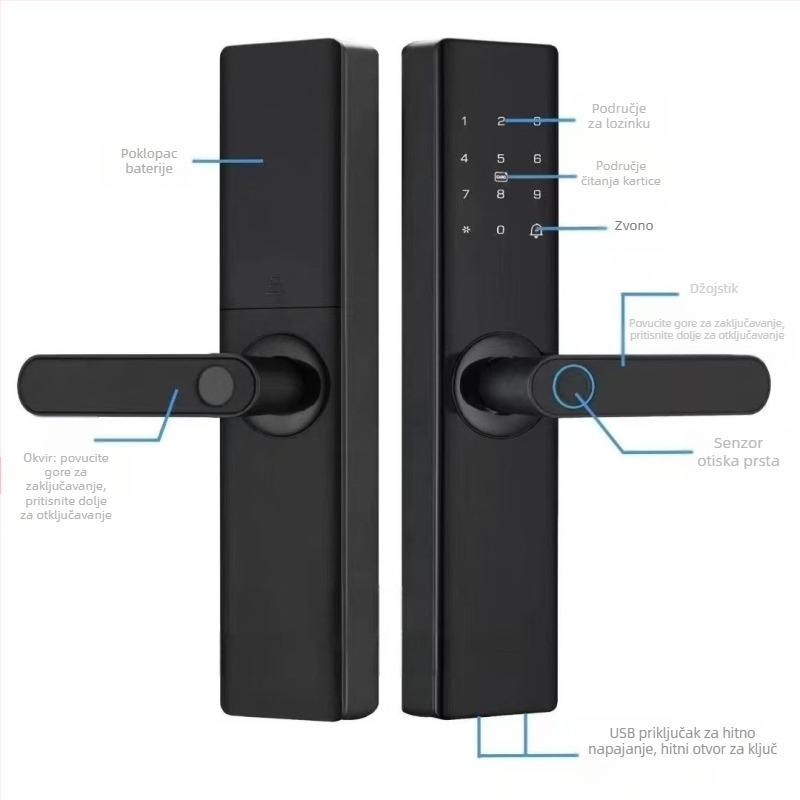 Pametna brava za unutarnja drvena vrata s otiskom prsta, dlanom, lozinkom, prepoznavanjem lica i daljinskim otključavanjem; panel od aluminijske legure