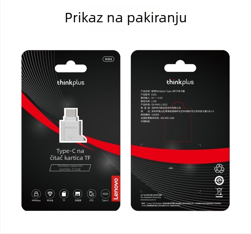 Lenovo D201 Type-C OTG adapter i TF/SD čitač kartica, metalni