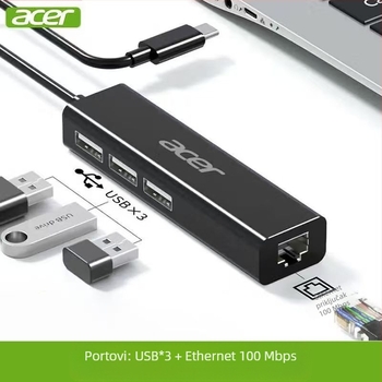 Acer Type-C Ethernet adapter i USB hub HY41-T41, USB 2.0, 100 Mbps, 1–4 razdjelnik