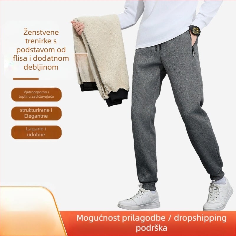 Muške fleece podstavljene jogger hlače za zimu, slobodan kroj, srednji pojas, 100% poliester