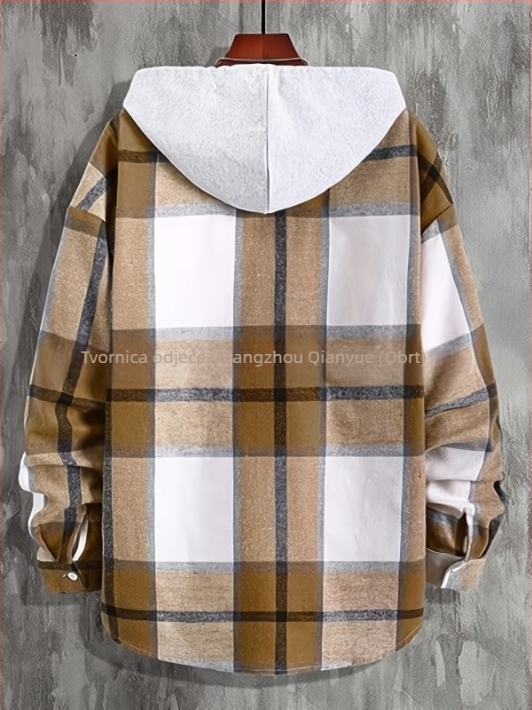 Muška ležerna košulа s kapuljom u karom uzorku, detalji blokova uzorka, Harajuku stil, izgled u dva dijela