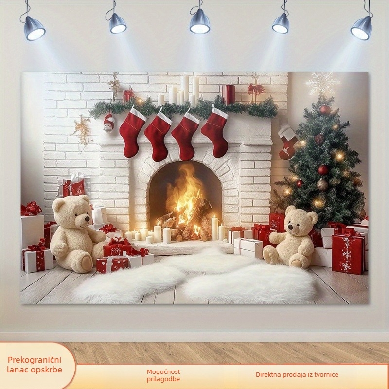 Božićno pozadinsko platno – dizajn medvjedića, božićnog drvca i čarape (Item: w; Material: Other; Category: Hang Tag; Product Category: Venue Decoration Props; IP Authorization: No)