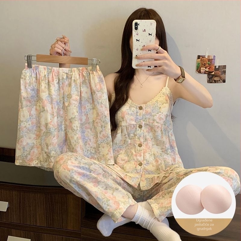 3-dijelni ljetni set pidžame Cloud Cotton s podlogom za prsa, top bez rukava, šorc i dugi hlače