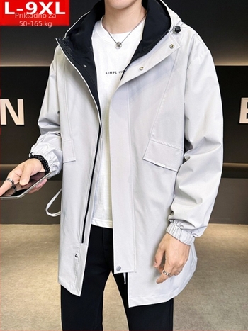 Muška windbreaker jakna s kapuljom, labav kroj, srednje duljine, zatvarač, 100% poliester, za proljeće i jesen
