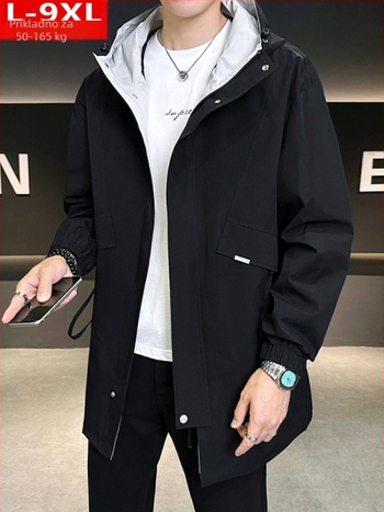 Muška windbreaker jakna s kapuljom, labav kroj, srednje duljine, zatvarač, 100% poliester, za proljeće i jesen