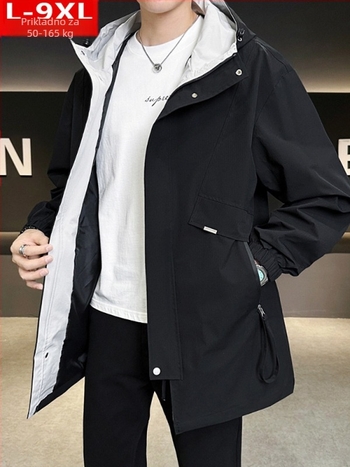 Muška windbreaker jakna s kapuljom, labav kroj, srednje duljine, zatvarač, 100% poliester, za proljeće i jesen