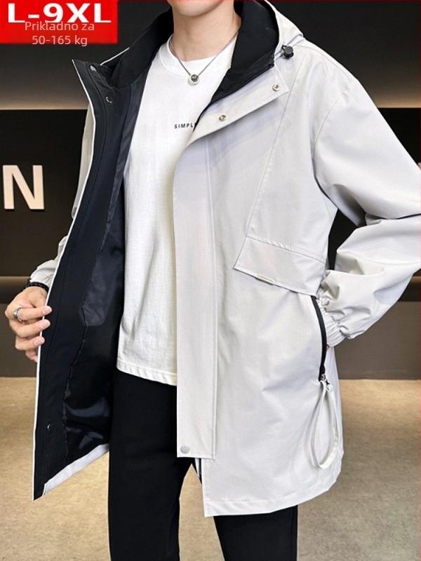 Muška windbreaker jakna s kapuljom, labav kroj, srednje duljine, zatvarač, 100% poliester, za proljeće i jesen