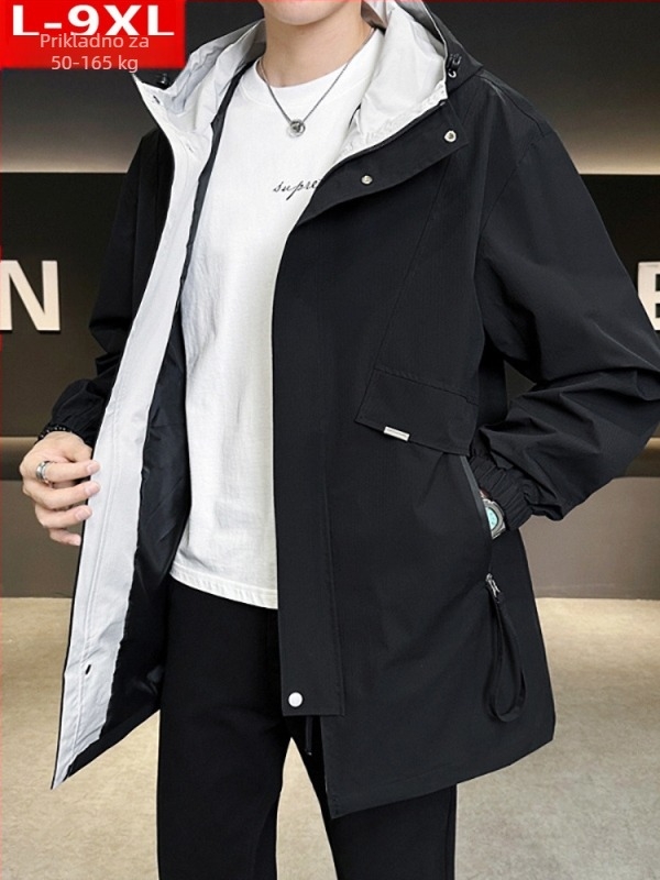 Muška windbreaker jakna s kapuljom, labav kroj, srednje duljine, zatvarač, 100% poliester, za proljeće i jesen