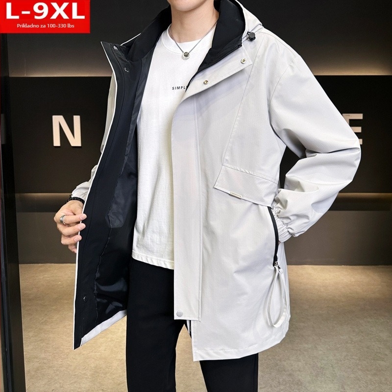 Muška windbreaker jakna s kapuljom, labav kroj, srednje duljine, zatvarač, 100% poliester, za proljeće i jesen