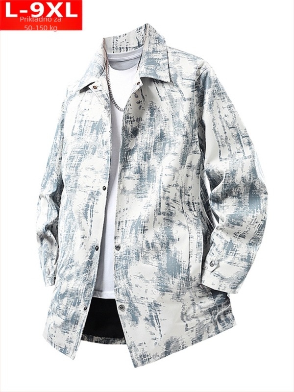 Muški kaput s maskirnim uzorkom, slobodan kroj, srednja duljina 65–80 cm, ovratnik turn-down, kopčanje na jednu kopču, poliester tkanina s podstavom, Hong Kong stil