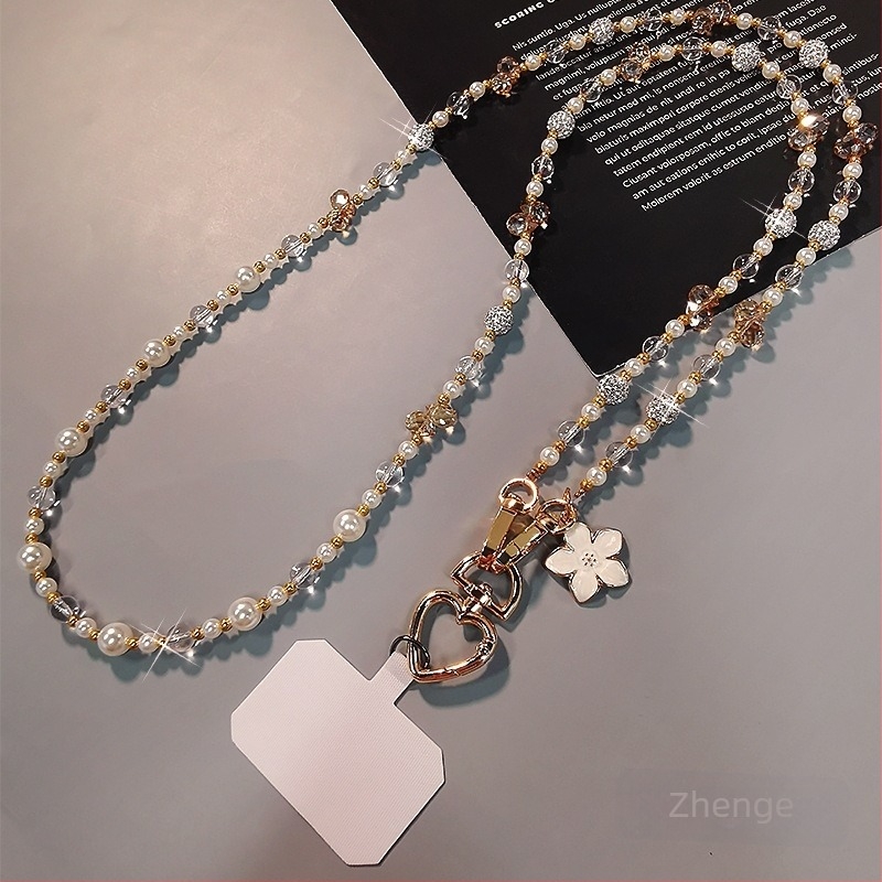 Remen za telefon crossbody s dugim lancem, kristalnim perlama i perlama, ručno izrađeno, ženski stil, višenamjenski, geometrijski privjesak