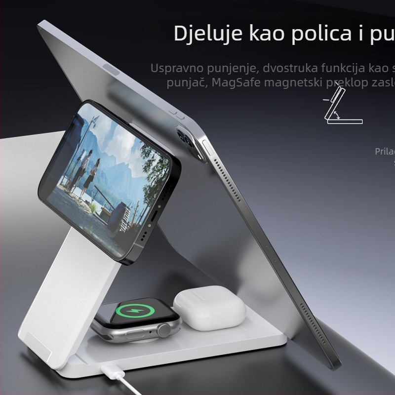 Bežični magnetski punjač s preklopnim uspravnim stalkom za telefone, satove i Apple slušalice - 15W QC2.0
