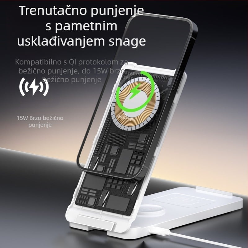 Bežični magnetski punjač s preklopnim uspravnim stalkom za telefone, satove i Apple slušalice - 15W QC2.0