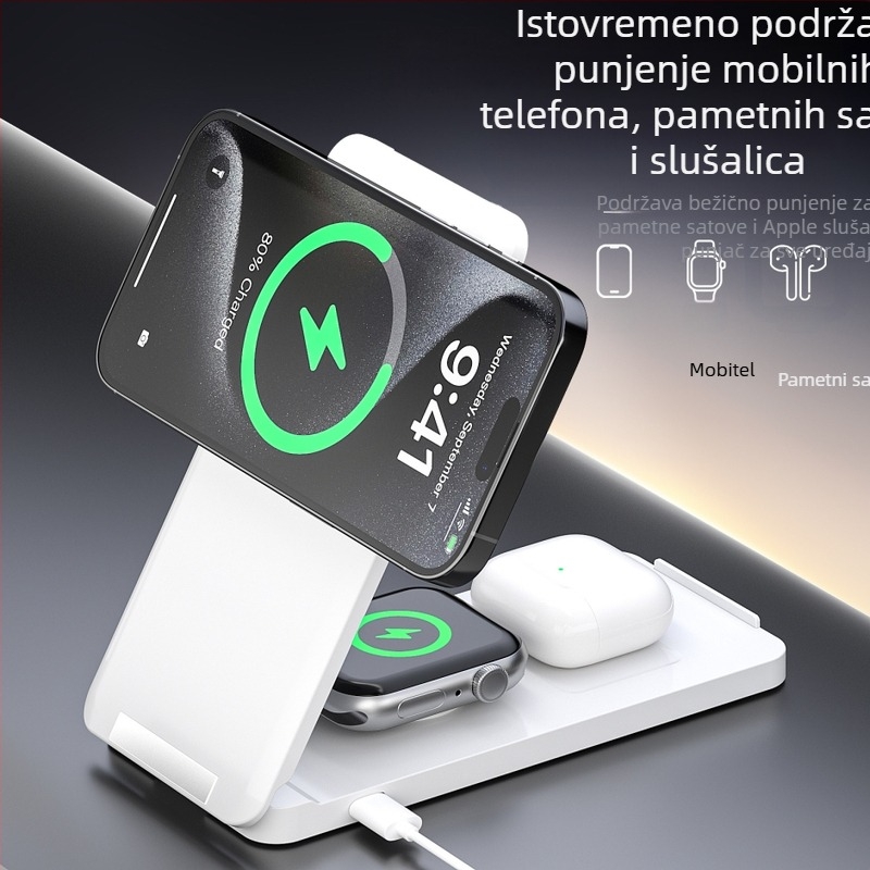 Bežični magnetski punjač s preklopnim uspravnim stalkom za telefone, satove i Apple slušalice - 15W QC2.0