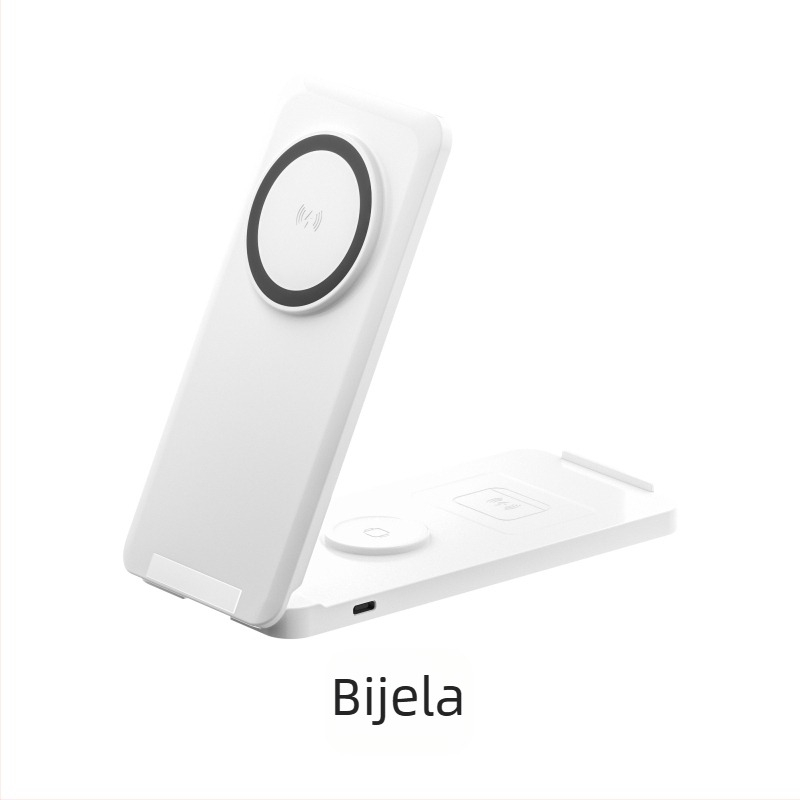 Bežični magnetski punjač s preklopnim uspravnim stalkom za telefone, satove i Apple slušalice - 15W QC2.0