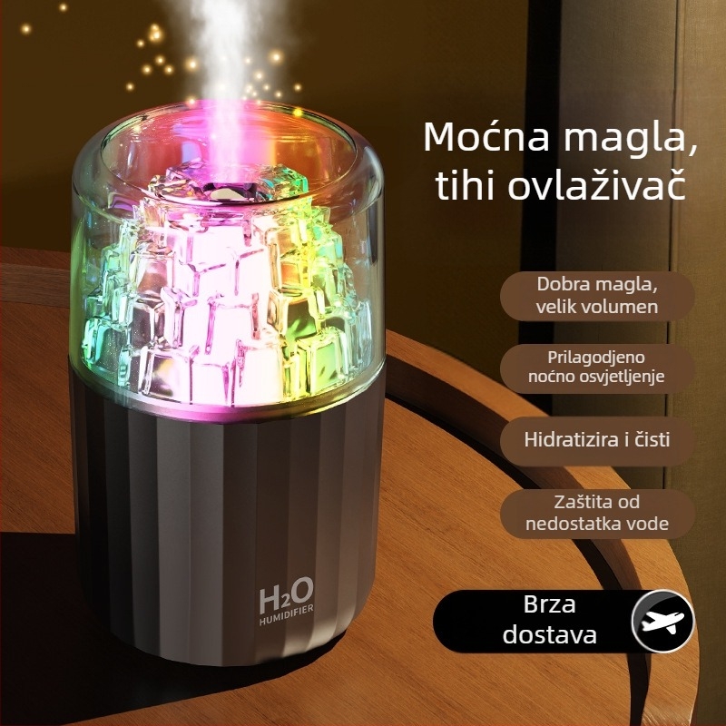 Mini USB ovlaživač s dizajnom ledene kocke, 3D šareni atmosferijski svjetlosni efekt, tih stolni ovlaživač za aromaterapiju