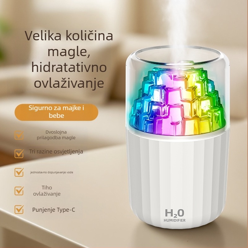 Mini USB ovlaživač s dizajnom ledene kocke, 3D šareni atmosferijski svjetlosni efekt, tih stolni ovlaživač za aromaterapiju