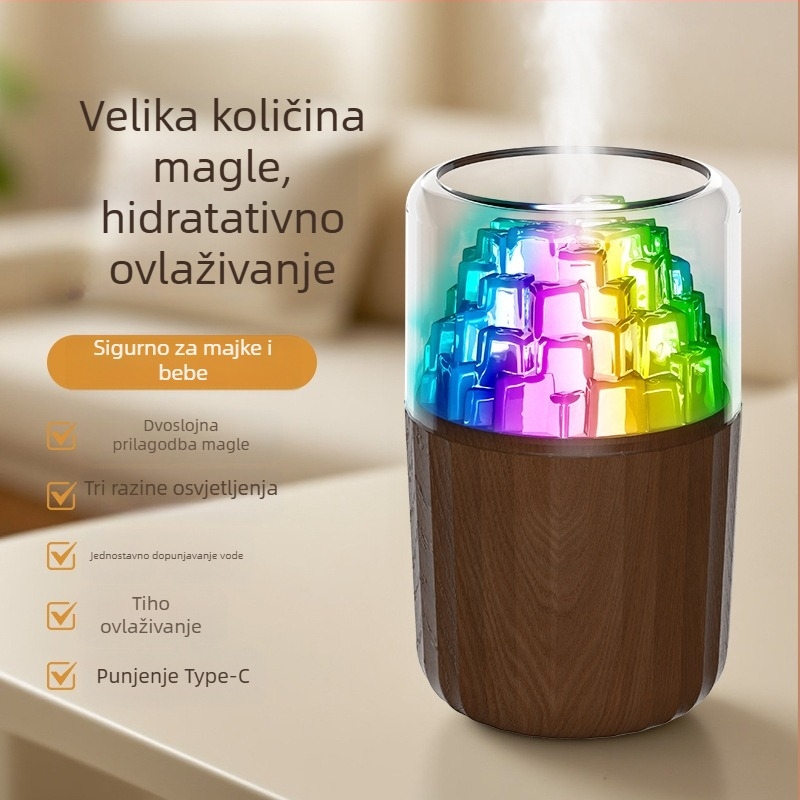 Mini USB ovlaživač s dizajnom ledene kocke, 3D šareni atmosferijski svjetlosni efekt, tih stolni ovlaživač za aromaterapiju