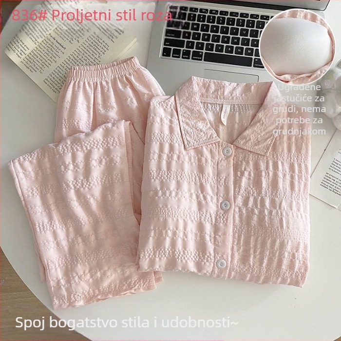 Pidzama set s jastučićem za prsni koš, Cloud Cotton, dugi rukavi, kardigan stil noćna odjeća za žene