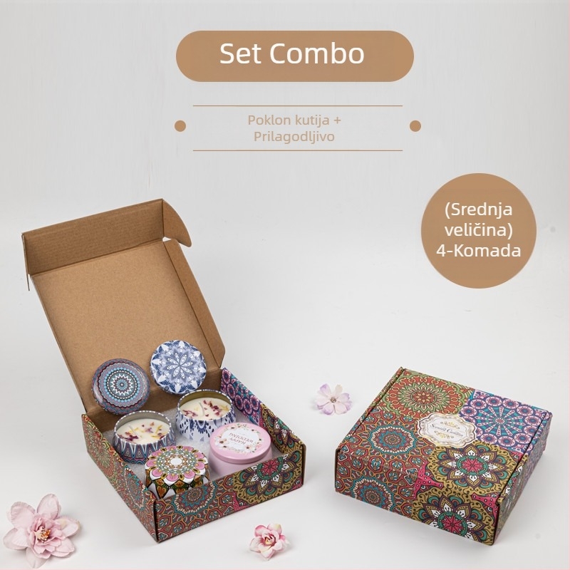 Poklon kutija s aromatičnim svijećama Jie Sheng Aromatherapy — svijeće od sojinog voska u šalice obliku, ručno izrađene, ručno izlijevane, s logom na posudi