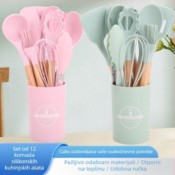 Set žlica i spatula - Silikonski kuhinjski pribor s drvenim ručkama, 12 komada, moderni minimalistički dizajn, otporan na visoke temperature i protuklizno