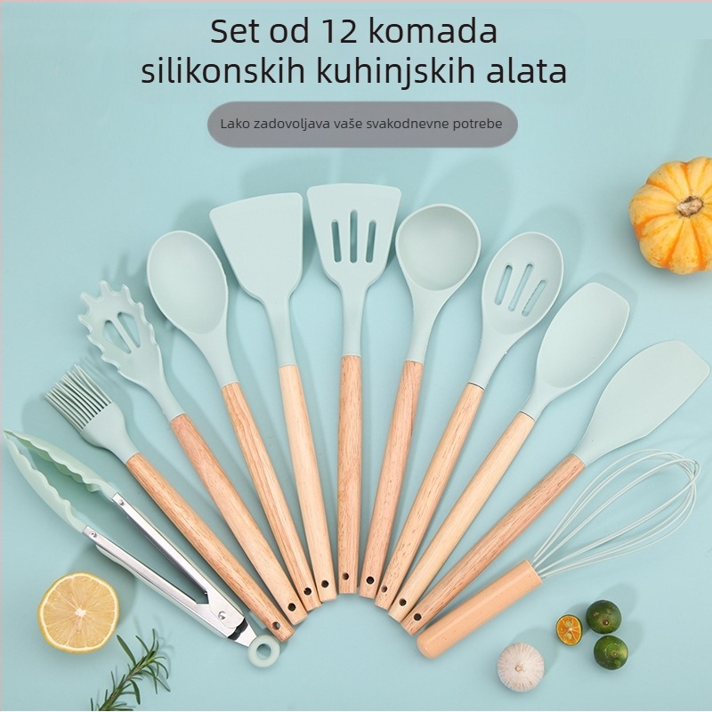 Set žlica i spatula - Silikonski kuhinjski pribor s drvenim ručkama, 12 komada, moderni minimalistički dizajn, otporan na visoke temperature i protuklizno