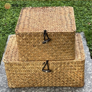 Kvadratna pletena kutija za pohranu s poklopcem (Brand: Tide weaving process; Materijal: Willow/Straw; Model: Square; Primjena: Kozmetika/Ukras, Knjige i časopisi, Slušalice kabeli)