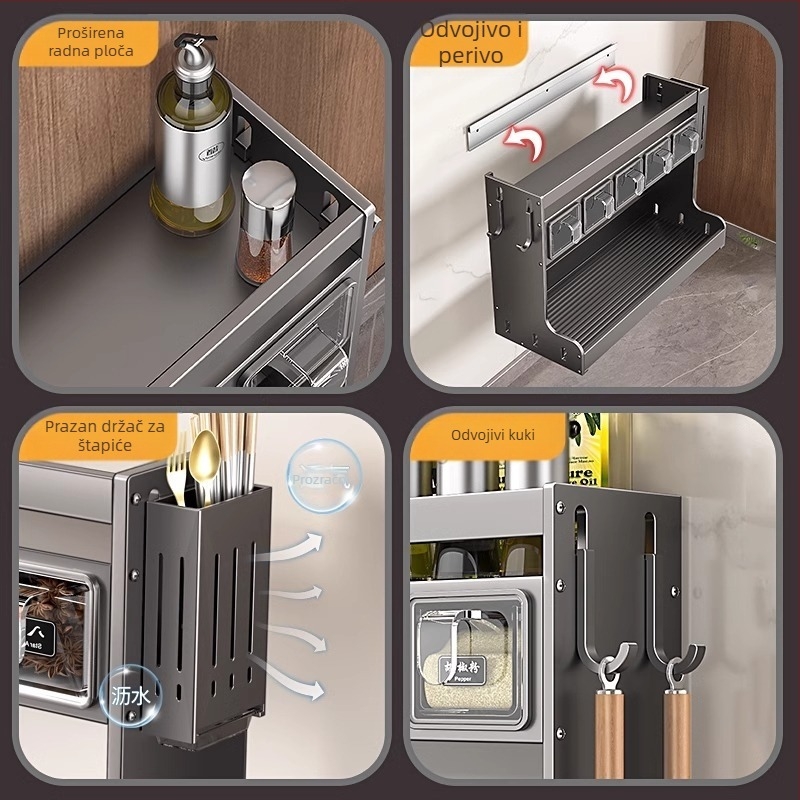 Kućni stalak za začine i držač noževa, nehrđajući čelik + Space aluminij, pomični, višenamjenski, bez ugradnje, moderni minimalistički dizajn