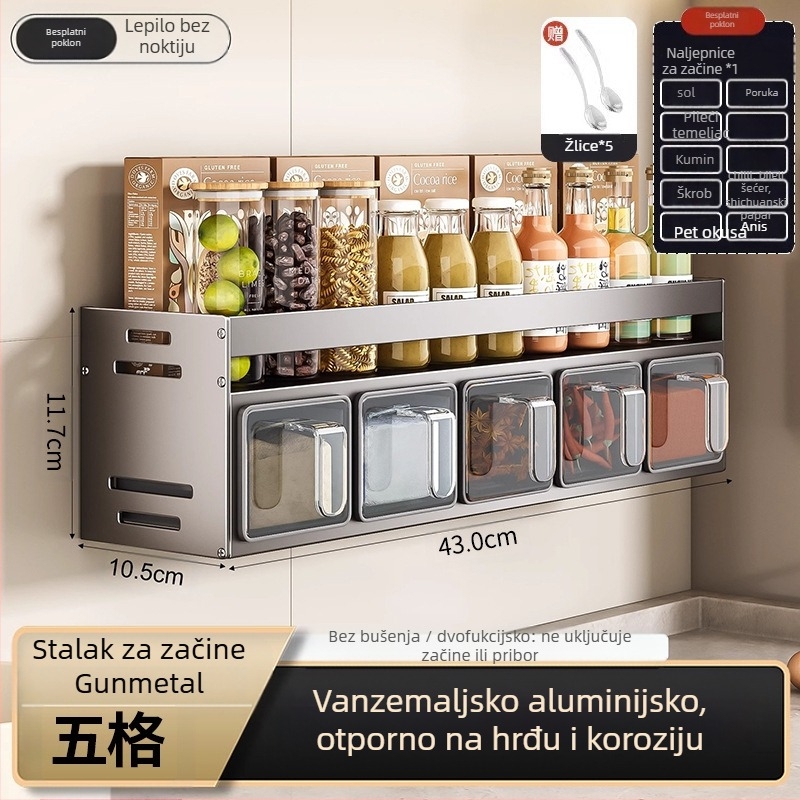 Kućni stalak za začine i držač noževa, nehrđajući čelik + Space aluminij, pomični, višenamjenski, bez ugradnje, moderni minimalistički dizajn