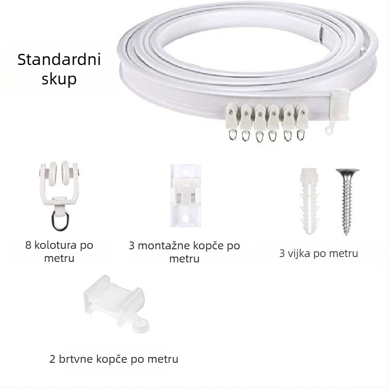 Bixiao zavjesna šina – U‑oblik zavojna šina; vanjska plast, unutarnja čelik; moderni minimalistički stil; nije prilagodljiva; bez licenciranih privatnih marki