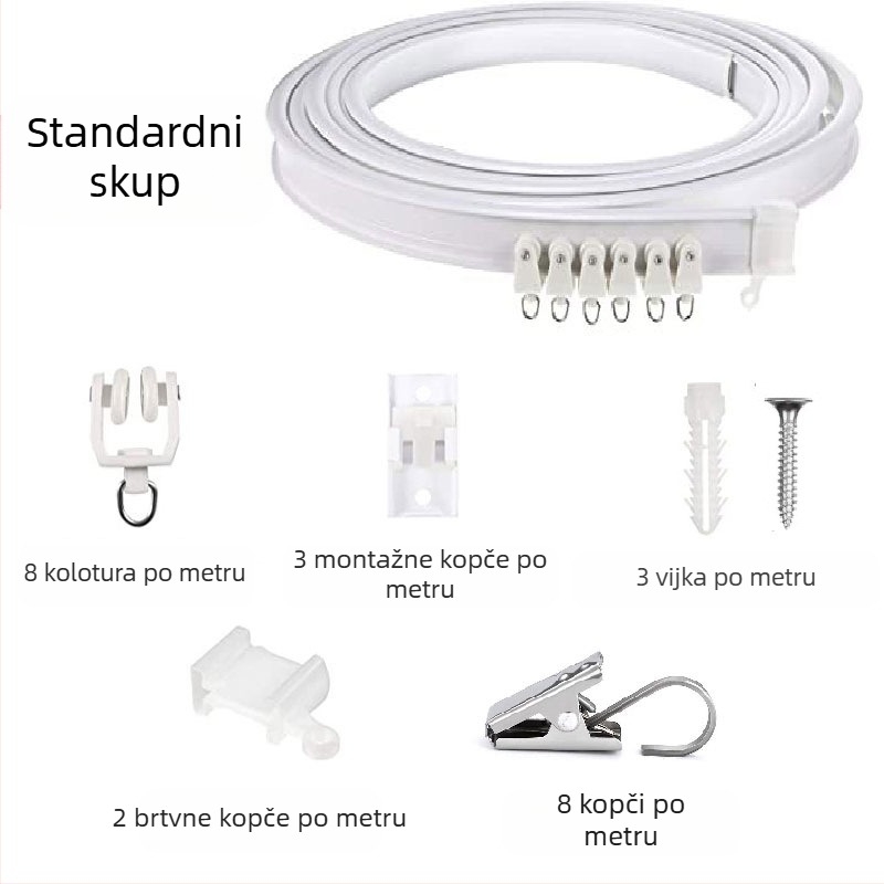 Bixiao zavjesna šina – U‑oblik zavojna šina; vanjska plast, unutarnja čelik; moderni minimalistički stil; nije prilagodljiva; bez licenciranih privatnih marki