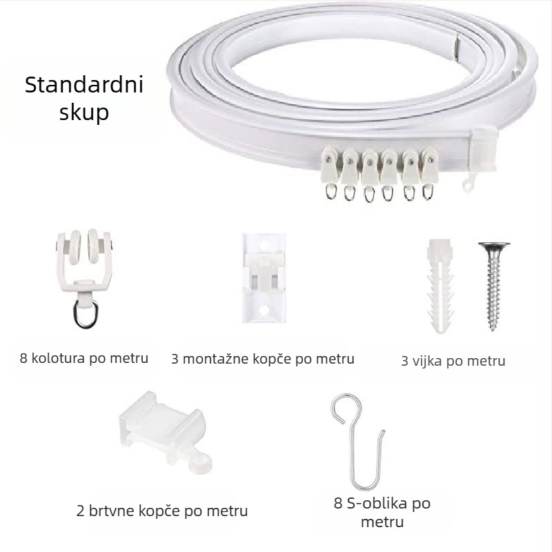 Bixiao zavjesna šina – U‑oblik zavojna šina; vanjska plast, unutarnja čelik; moderni minimalistički stil; nije prilagodljiva; bez licenciranih privatnih marki