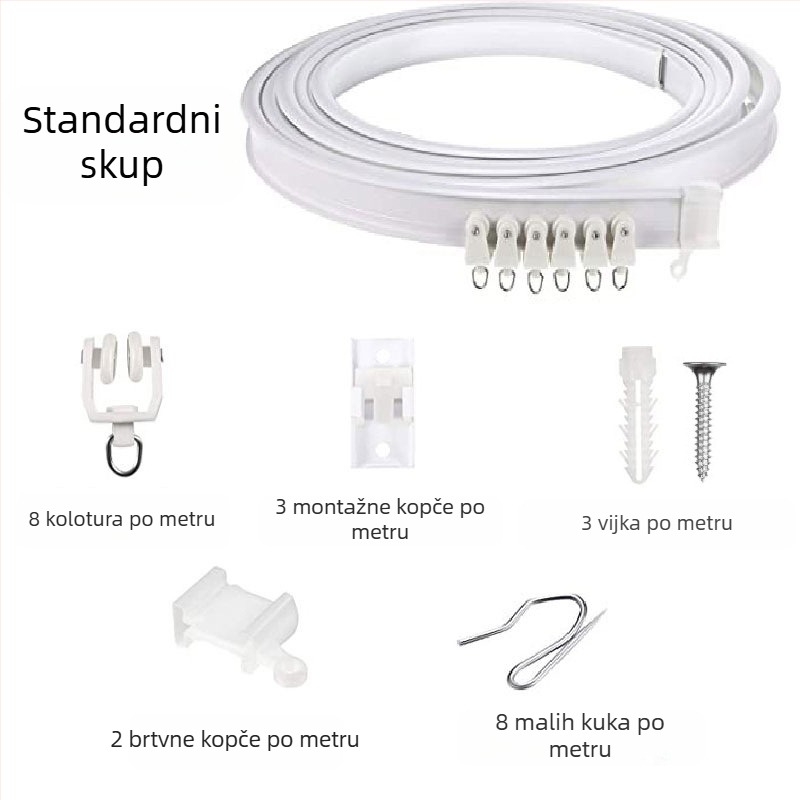 Bixiao zavjesna šina – U‑oblik zavojna šina; vanjska plast, unutarnja čelik; moderni minimalistički stil; nije prilagodljiva; bez licenciranih privatnih marki