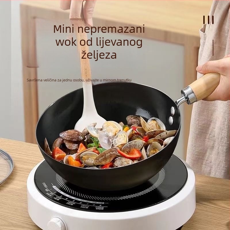 Mini wok od kovanog željeza, s jednim dnom, dubina 8 cm, stakleni poklopac