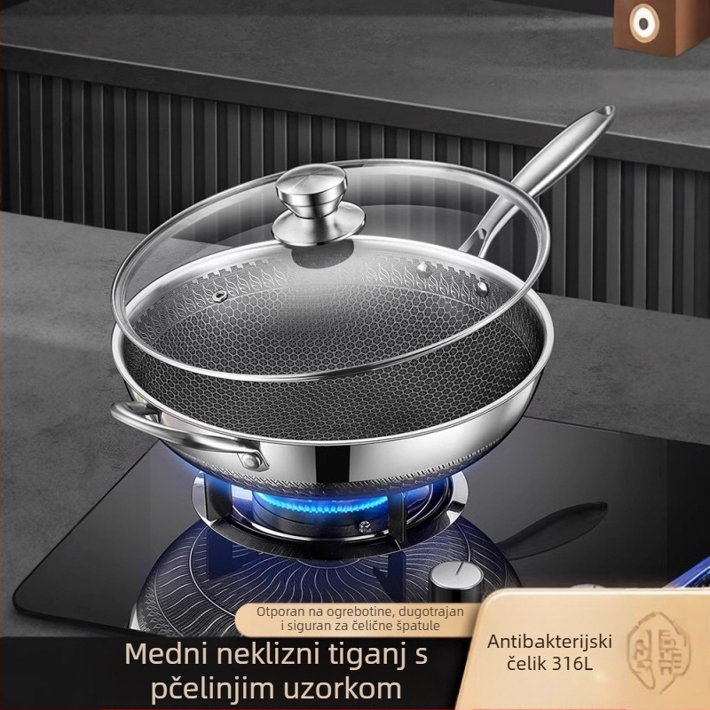 Wok od nehrđajućeg čelika s premazom protiv prianja, duboko dno, 1 kg, kompatibilan sa svim pločama, moderni minimalistički dizajn