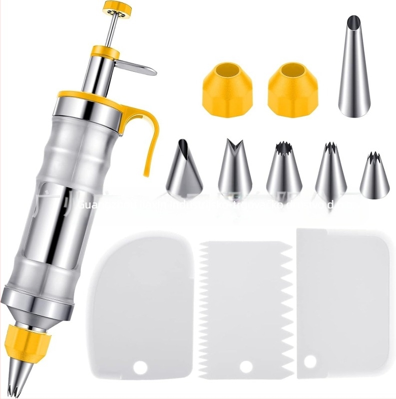 Pistol za ukrašavanje torti i kolačića — ručni alat za ukrašavanje kremom, od nehrđajućeg čelika i plastike, moderan minimalistički dizajn, set za ukrašavanje s mlaznicom i vrećom