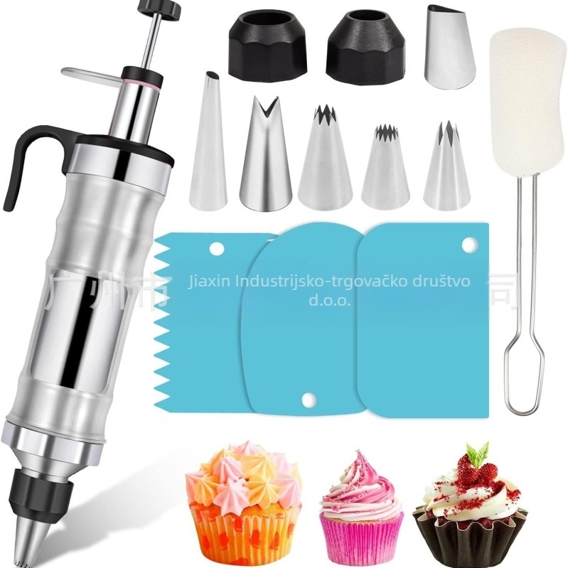Pistol za ukrašavanje torti i kolačića — ručni alat za ukrašavanje kremom, od nehrđajućeg čelika i plastike, moderan minimalistički dizajn, set za ukrašavanje s mlaznicom i vrećom