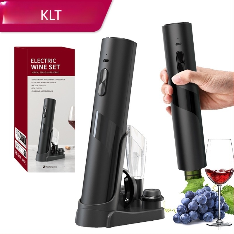 Vinski set, 5-dijelni set s vakuum stoperom, izlijevačem vina, rezačem folije, otvaračem boca i bazom za pohranu; plast, lagani luksuzni retro stil