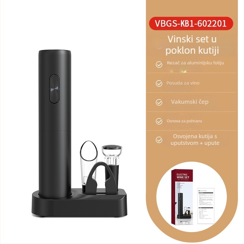 Vinski set, 5-dijelni set s vakuum stoperom, izlijevačem vina, rezačem folije, otvaračem boca i bazom za pohranu; plast, lagani luksuzni retro stil