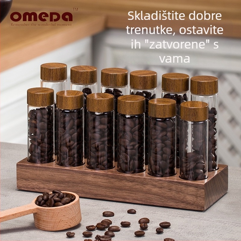 Stalak za izlaganje zrna kave s borosilikatnim staklenim posudama od orašastog drveta – zatvoreno skladištenje aromata