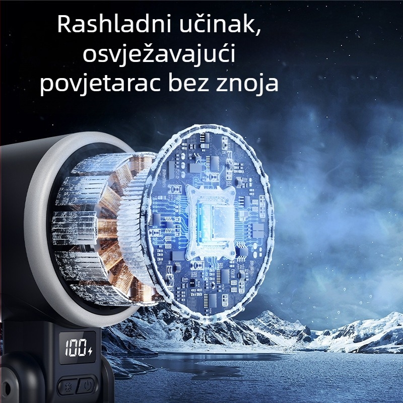 Ručni USB punjivi turbo ventilator, sklopiv, s digitalnim zaslonom, motor bez četkica, ugrađena baterija 4000–6000 mAh, prenosan