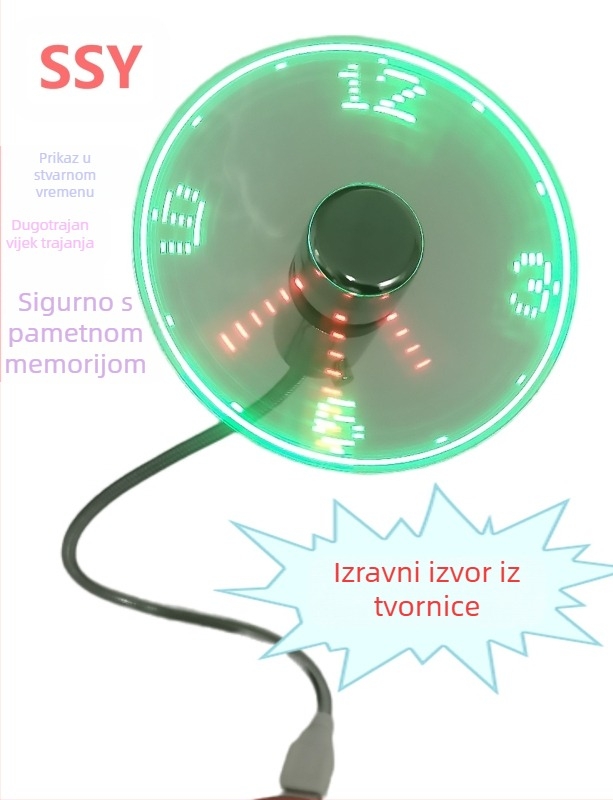 USB ventilator s vremenom u stvarnom vremenu i prikazom temperature, LED osvijetljeni zaslon s znakovima, upravljanje gumbom.
