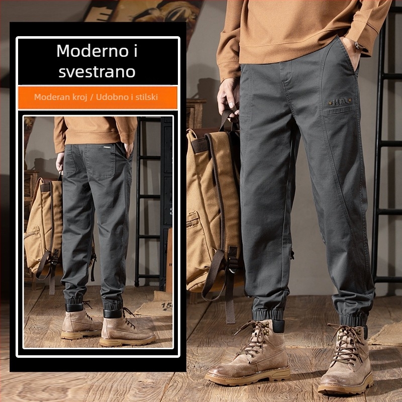 SUPM Muške casual hlače za jesen/zimu, slim‑fit, visokim strukom, opuštena gornja linija i suženje prema dolje, visokokvalitetan američki retro stil