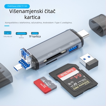OTG čitač kartica – 6 u 1 SD/TF, USB 3.0, USB-C sučelje, aluminijska legura, prijenosno