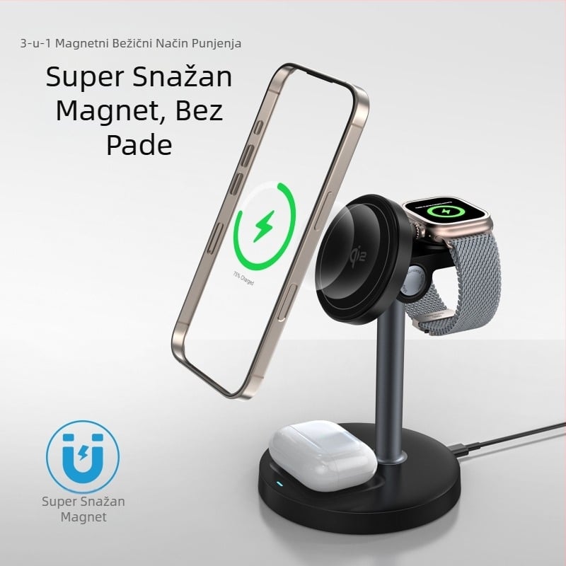 3-u-1 magnetski bežični punjač s držačem na stol za telefon i sat, Qi2 certificirano, 15W maksimalno, QC3.0