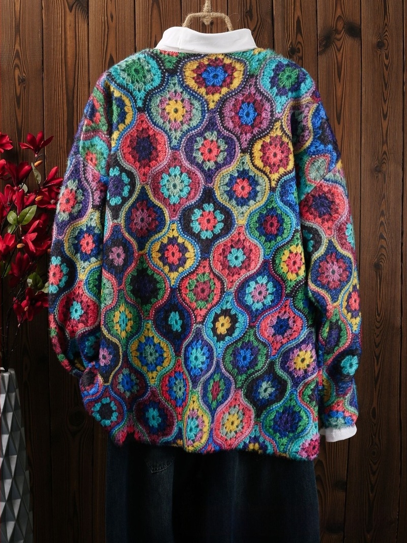 Pulover s V-izrezom, geometrijski uzorak, poliester, jesen 2024