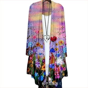 Ženska duga rukava tiskana košulja s produženom dužinom i kragnom od krzna, poliester