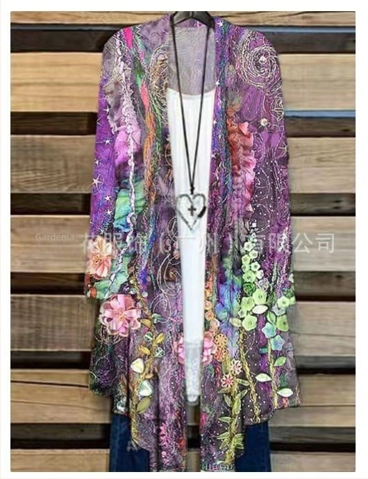 Ženska duga rukava tiskana košulja s produženom dužinom i kragnom od krzna, poliester