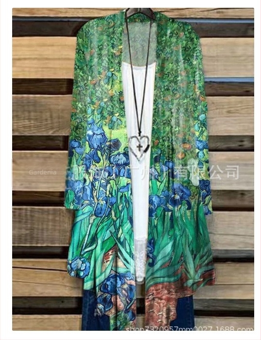 Ženska duga rukava tiskana košulja s produženom dužinom i kragnom od krzna, poliester